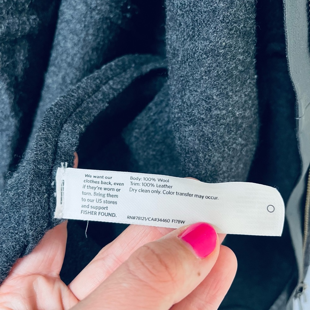 SOLD Eileen Fisher High Neck Black Leather Sleeve Dark Grey Wool Jacket Size XL - Picture 10 of 11